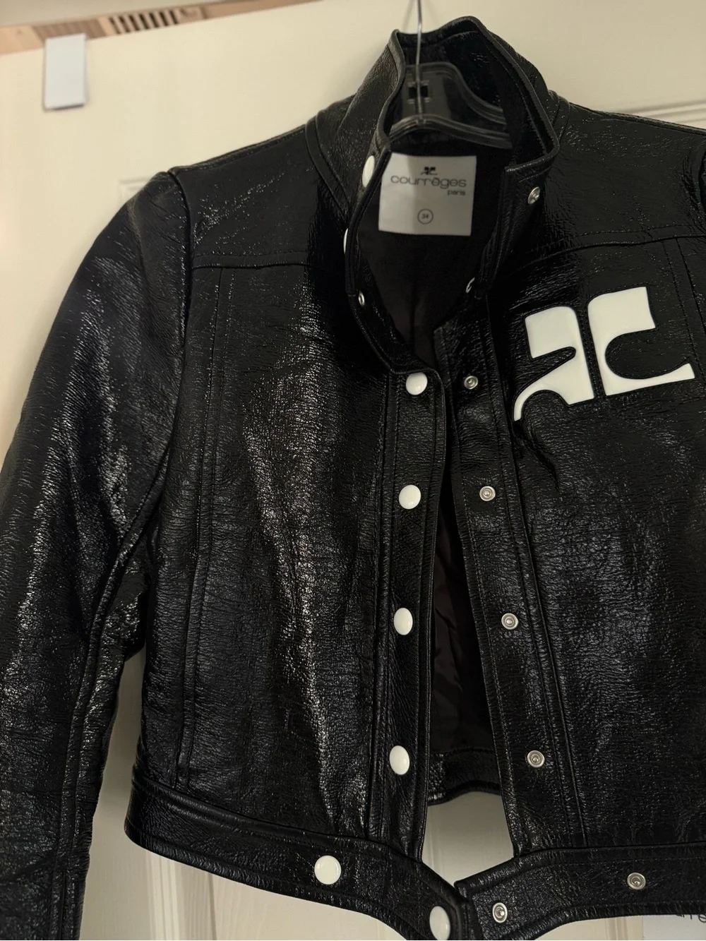 Courreges Black Cropped Reedition Vinyl Jacket with White Logo Detail Size 34